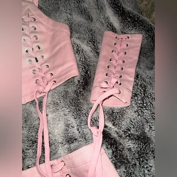 Dolls Kill Club Exx Levels Unlocked Twill Lace Up Crop Top and Skirt Set - Picture 6 of 7